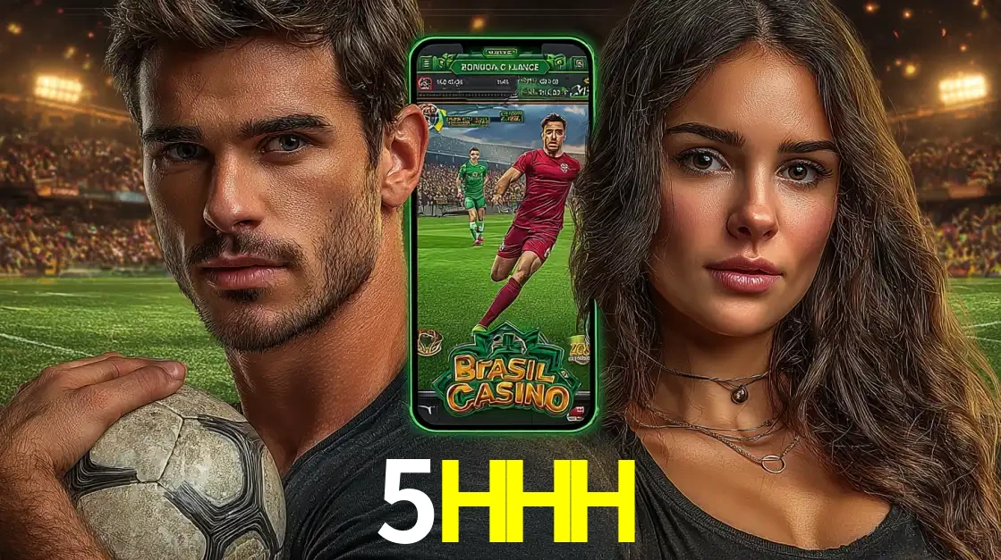 Homem segurando uma bola de futebol e uma mulher ao lado de um smartphone exibindo o jogo de apostas esportivas da 5HHH. Faça seu palpite no cassino online.
