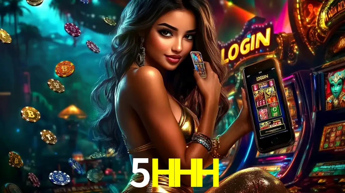 Mulher em um cenário de cassino temático de aventura, mostrando o app de caça-níqueis da 5HHH no celular. Fichas de apostas flutuam ao redor.