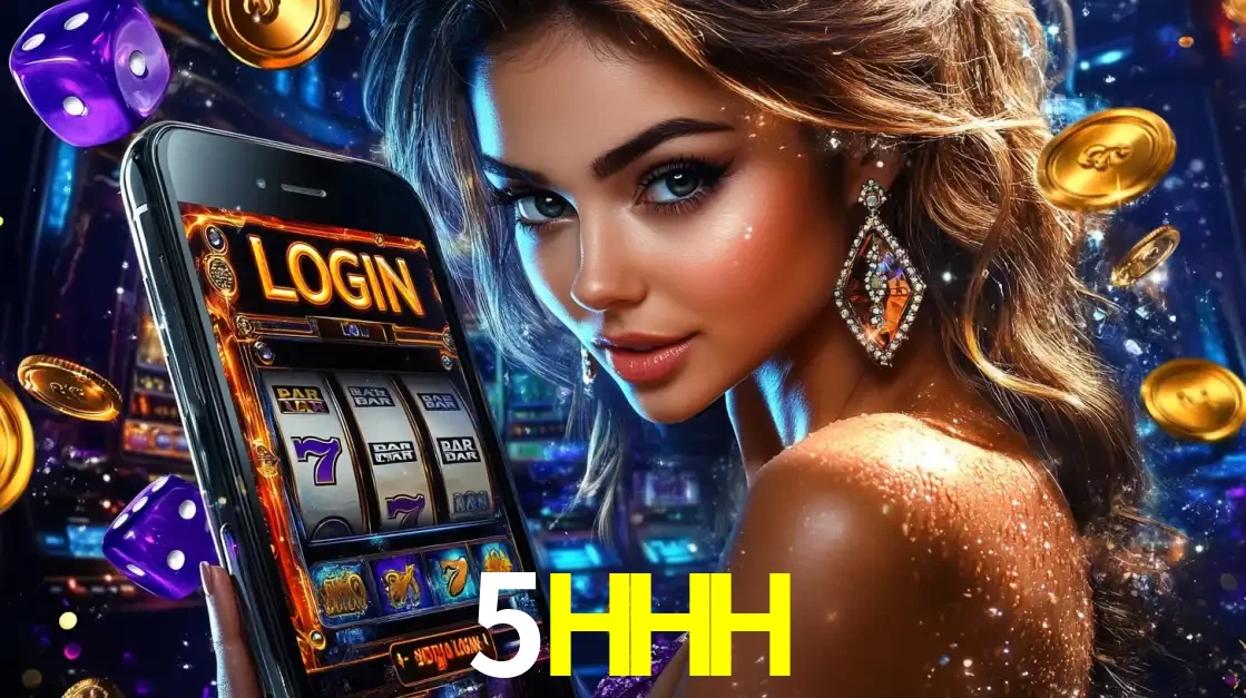 Mulher glamorosa segurando um smartphone com a tela de login para os jogos de caça-níqueis do cassino online 5HHH, com moedas de ouro e dados ao redor.